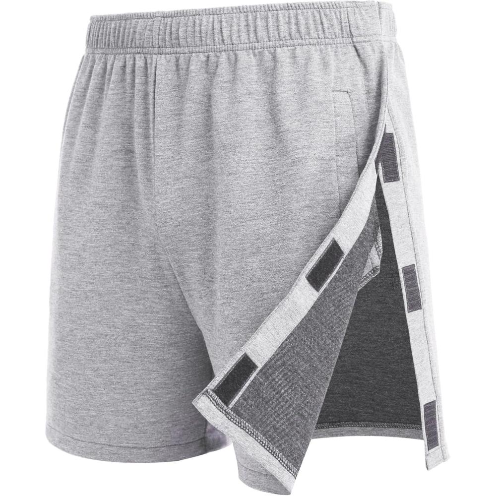 imageDeyeek Unisex Tear Away Shorts Snap On Athletic Cotton Shorts Post Knee Surgery Recovery Hip Replacement Pants with PocketsGrey