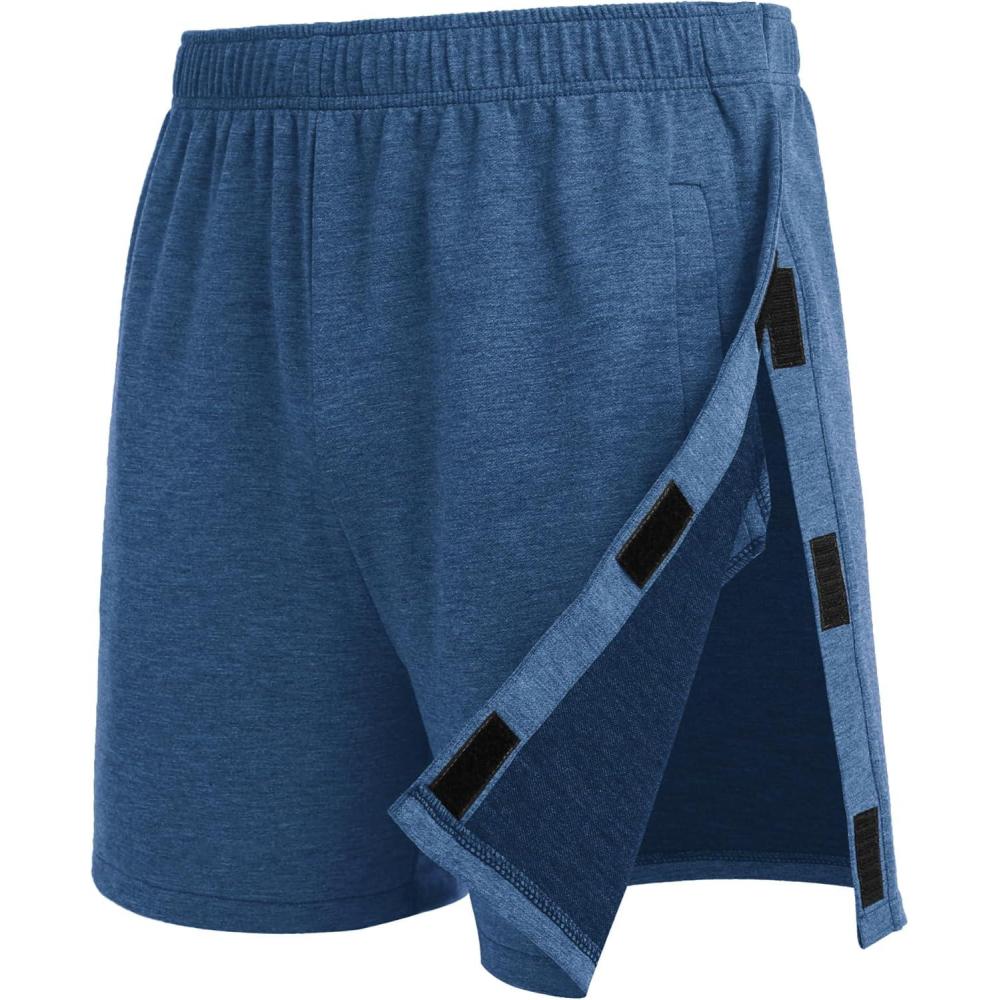 imageDeyeek Unisex Tear Away Shorts Snap On Athletic Cotton Shorts Post Knee Surgery Recovery Hip Replacement Pants with PocketsHeather Blue