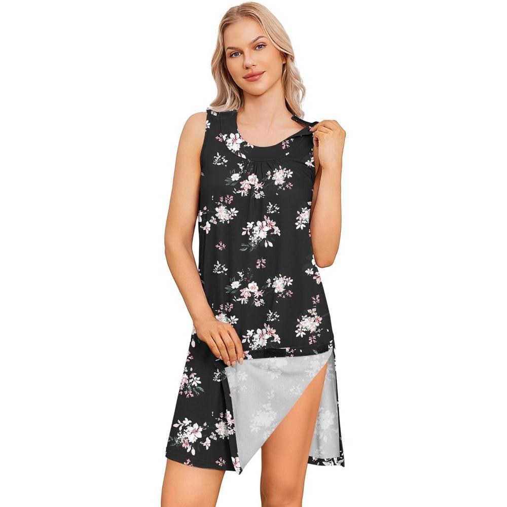 imageDeyeek Womens Post Shoulder Surgery Dress Tear Away Sleeveless Dress Side Full Open Chemo Port Adaptive NightgownBlack Print