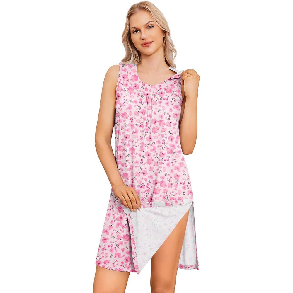 imageDeyeek Womens Post Shoulder Surgery Dress Tear Away Sleeveless Dress Side Full Open Chemo Port Adaptive NightgownPink Print