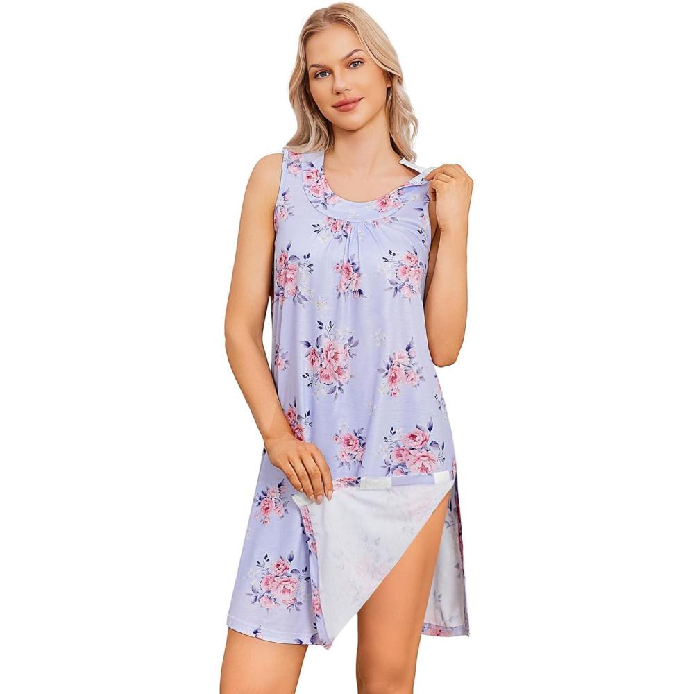 imageDeyeek Womens Post Shoulder Surgery Dress Tear Away Sleeveless Dress Side Full Open Chemo Port Adaptive NightgownPurple Print