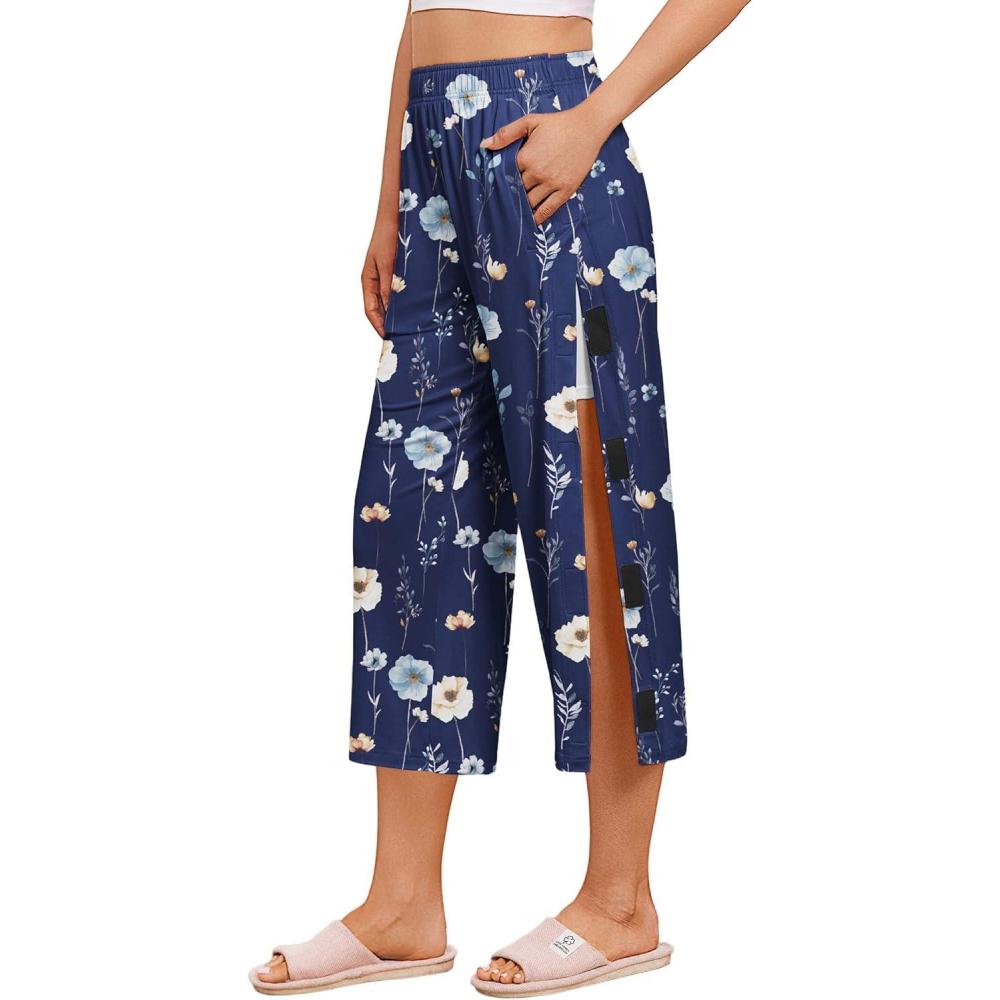 imageDeyeek Womens Tear Away Breakaway Capri Pants Post Surgery Recovery Hip Knee Ankle Replacement Adaptive Magic Tape 2 PocketsBue Print