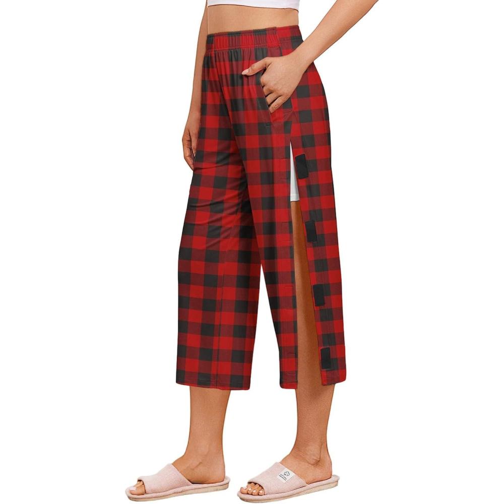 imageDeyeek Womens Tear Away Breakaway Capri Pants Post Surgery Recovery Hip Knee Ankle Replacement Adaptive Magic Tape 2 PocketsRed Print