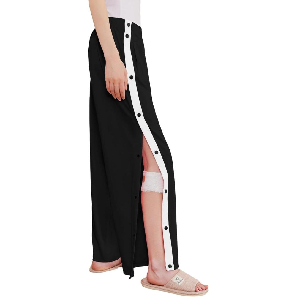 imageDeyeek Womens Tear Away Pants Side Split Snap Open Bottom Sweatpants Leg Breakaway Post Surgery Pants with PocketsBlack