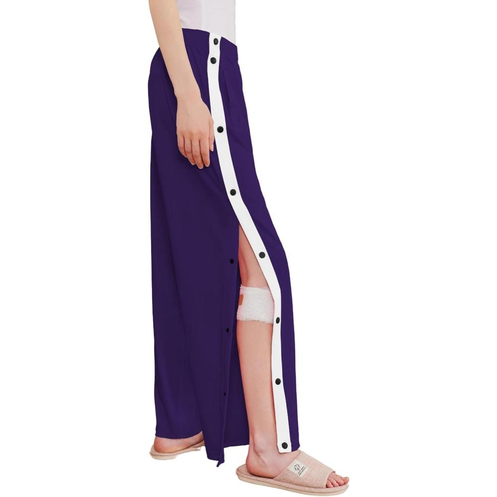 imageDeyeek Womens Tear Away Pants Side Split Snap Open Bottom Sweatpants Leg Breakaway Post Surgery Pants with PocketsDark Purple