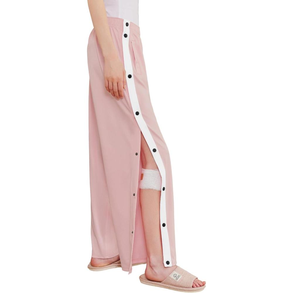 imageDeyeek Womens Tear Away Pants Side Split Snap Open Bottom Sweatpants Leg Breakaway Post Surgery Pants with PocketsDeep Pink