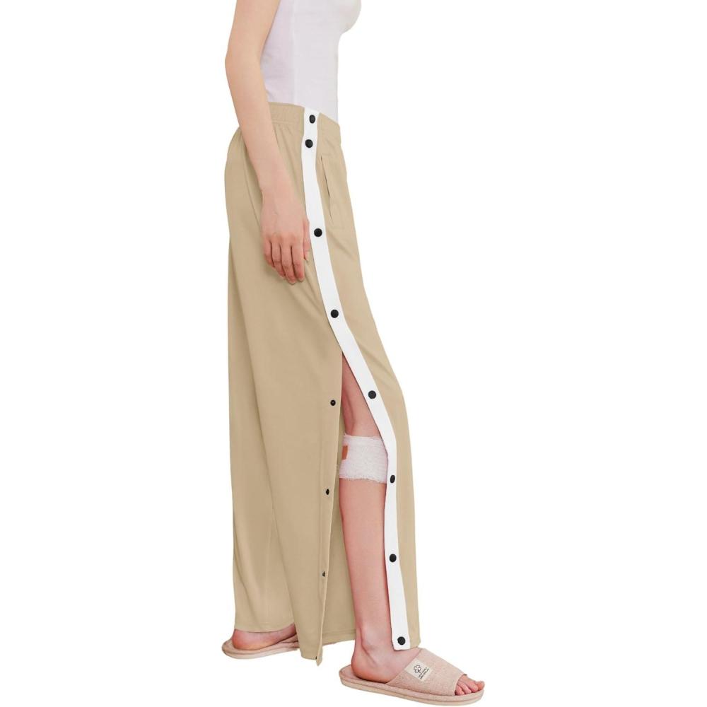imageDeyeek Womens Tear Away Pants Side Split Snap Open Bottom Sweatpants Leg Breakaway Post Surgery Pants with PocketsLight Khaki