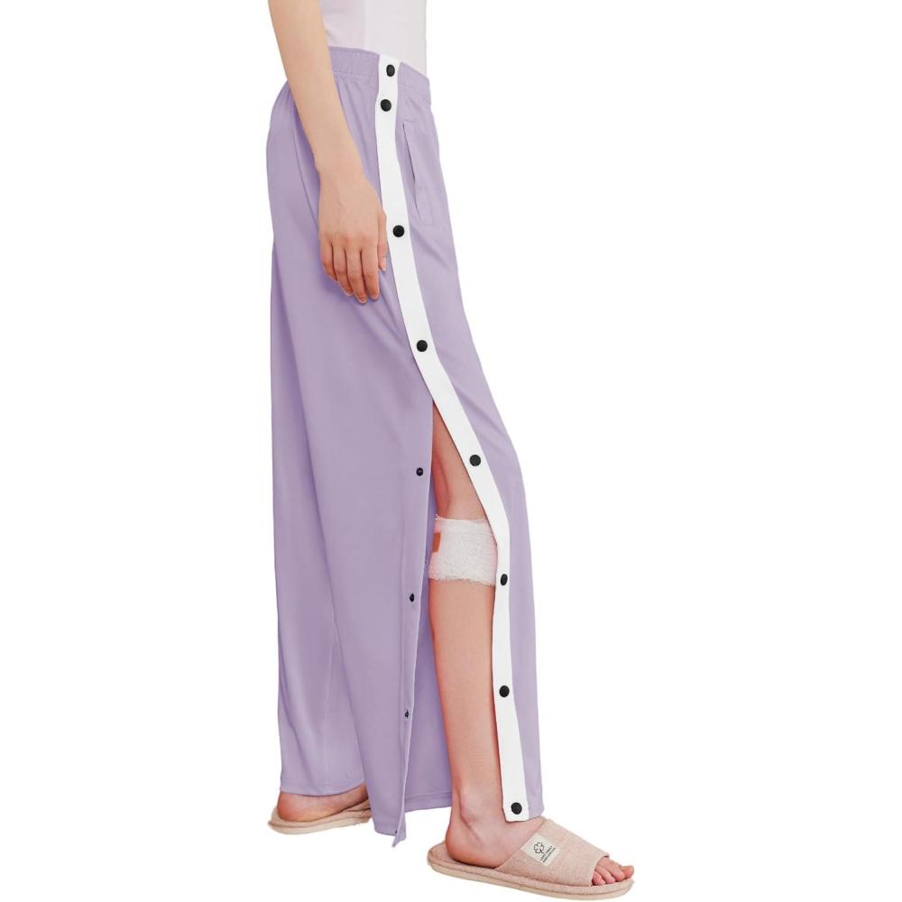imageDeyeek Womens Tear Away Pants Side Split Snap Open Bottom Sweatpants Leg Breakaway Post Surgery Pants with PocketsLight Purple