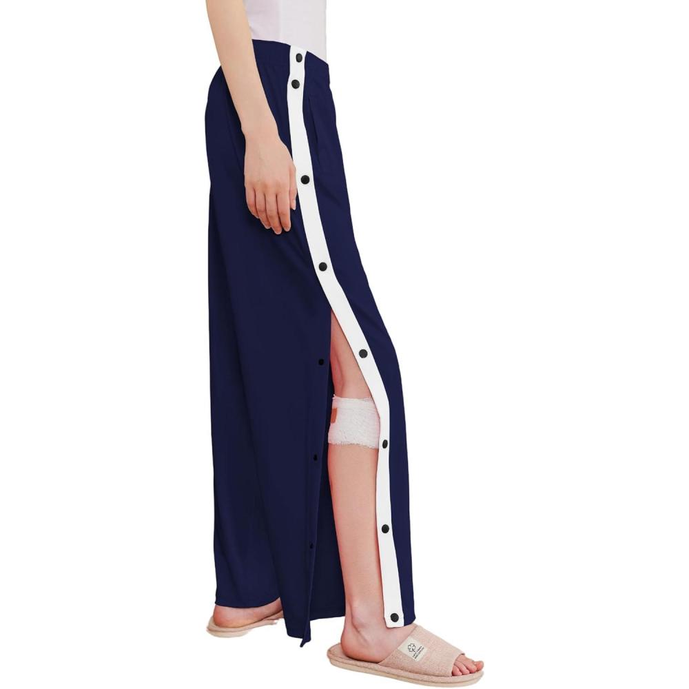 imageDeyeek Womens Tear Away Pants Side Split Snap Open Bottom Sweatpants Leg Breakaway Post Surgery Pants with PocketsNavy Blue
