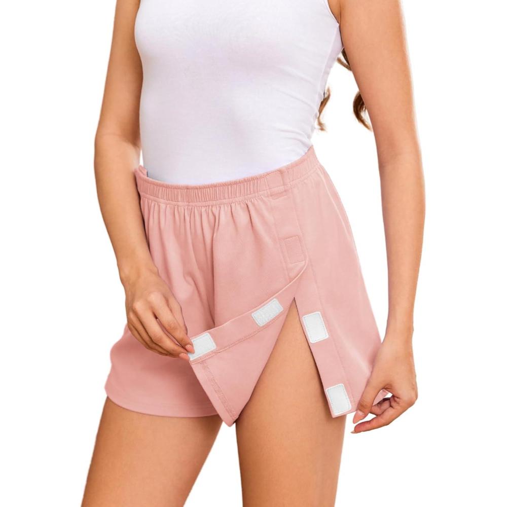 imageDeyeek Womens Tear Away Shorts Side Split Open Cotton Leg Breakaway Post Surgery Recovery BottomsLight Pink