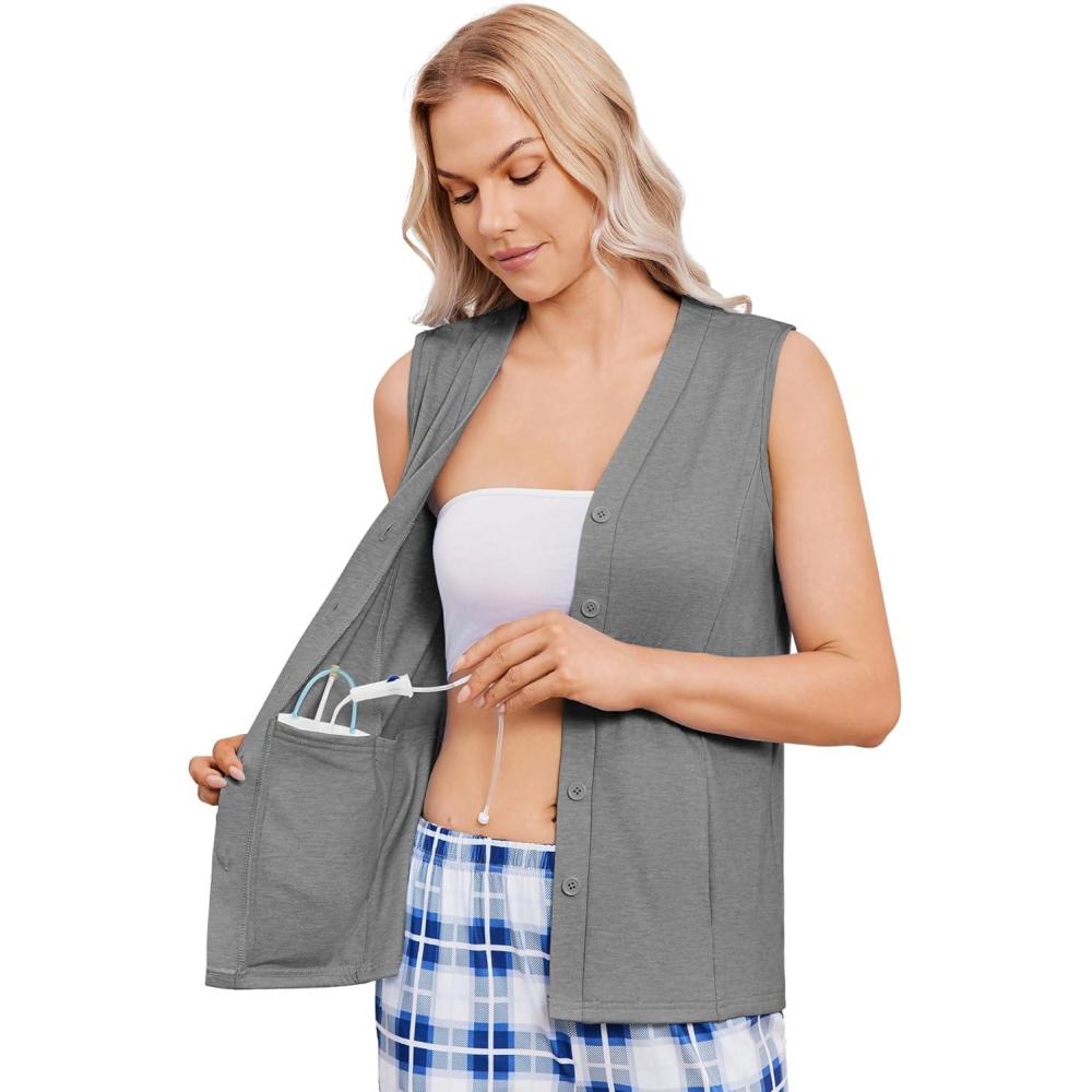 imageDeyeek Womens VNeck Mastectomy Shirts with Drain Pockets Chemo Ports Access Shirts Snap Post Shoulder Surgery Tank TopsGrey