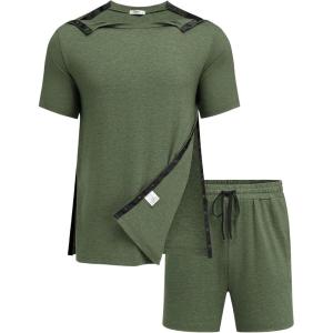 Deyeek 2Pcs Unisex Post Shoulder Surgery Shirts & Shorts Tear Away Shirts for Rotator Cuff Surgery Chemo Port Access Clothes(Army Green)