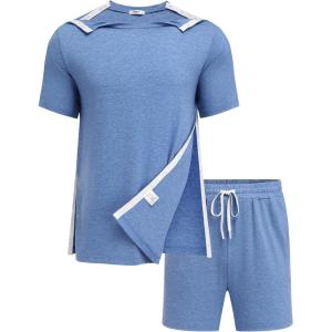Deyeek 2Pcs Unisex Post Shoulder Surgery Shirts & Shorts Tear Away Shirts for Rotator Cuff Surgery Chemo Port Access Clothes(Blue)