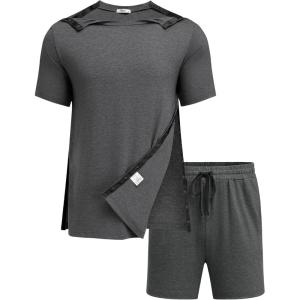 Deyeek 2Pcs Unisex Post Shoulder Surgery Shirts & Shorts Tear Away Shirts for Rotator Cuff Surgery Chemo Port Access Clothes(Dark Gray)