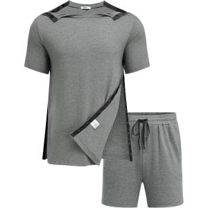 Deyeek 2Pcs Unisex Post Shoulder Surgery Shirts & Shorts Tear Away Shirts for Rotator Cuff Surgery Chemo Port Access Clothes(Light Gray)