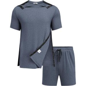 Deyeek 2Pcs Unisex Post Shoulder Surgery Shirts & Shorts Tear Away Shirts for Rotator Cuff Surgery Chemo Port Access Clothes(Navy Blue)