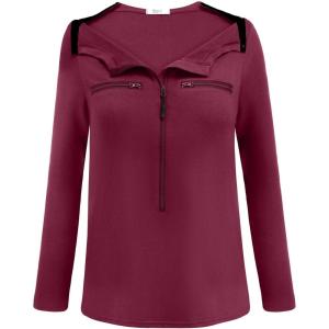 Deyeek Chemo Port Shirts for Women 2 Side Snaps Long Sleeve Shoulder Post Surgery Clothing Dialysis Breast Cancer Shirts(Wine Red)