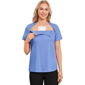Deyeek Chemo Shirts for Port Access Women with 2 Hidden Side Zippers Post Surgery Short Sleeve Tear Away Adaptive Top Tees(Blue)