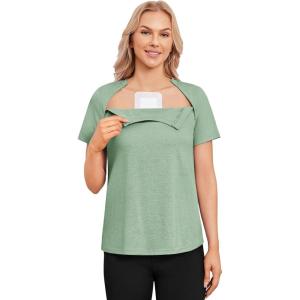 Deyeek Chemo Shirts for Port Access Women with 2 Hidden Side Zippers Post Surgery Short Sleeve Tear Away Adaptive Top Tees(Green)