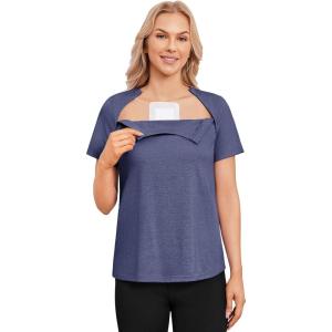 Deyeek Chemo Shirts for Port Access Women with 2 Hidden Side Zippers Post Surgery Short Sleeve Tear Away Adaptive Top Tees(Navy Blue)