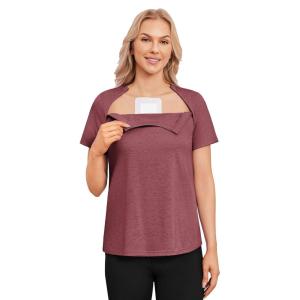 Deyeek Chemo Shirts for Port Access Women with 2 Hidden Side Zippers Post Surgery Short Sleeve Tear Away Adaptive Top Tees(Red)