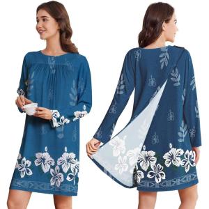 Deyeek Hospital Gowns for Women Open Back Dress Long Sleeve Post Surgery Tear Away Adaptive Nightgowns Dialysis Clothing(Blue Print)