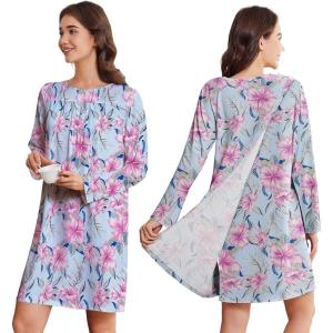 Deyeek Hospital Gowns for Women Open Back Dress Long Sleeve Post Surgery Tear Away Adaptive Nightgowns Dialysis Clothing(Blue Rose Print)