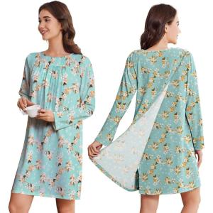 Deyeek Hospital Gowns for Women Open Back Dress Long Sleeve Post Surgery Tear Away Adaptive Nightgowns Dialysis Clothing(Green Print)