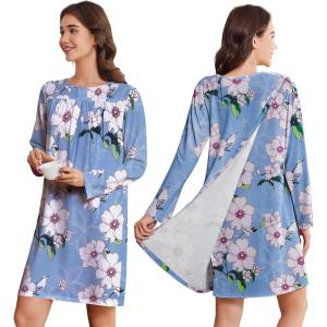Deyeek Hospital Gowns for Women Open Back Dress Long Sleeve Post Surgery Tear Away Adaptive Nightgowns Dialysis Clothing(Light Blue Print)