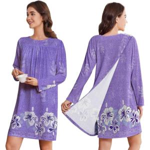 Deyeek Hospital Gowns for Women Open Back Dress Long Sleeve Post Surgery Tear Away Adaptive Nightgowns Dialysis Clothing(Purple Print)