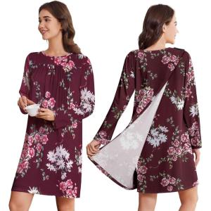 Deyeek Hospital Gowns for Women Open Back Dress Long Sleeve Post Surgery Tear Away Adaptive Nightgowns Dialysis Clothing(Red Print)