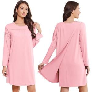 Deyeek Hospital Gowns for Women Open Back Tear Away Post Surgery Dress Long Sleeve with Shoulder Snaps Adaptive Nightgowns(Pink)