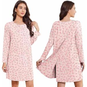 Deyeek Hospital Gowns for Women Open Back Tear Away Post Surgery Dress Long Sleeve with Shoulder Snaps Adaptive Nightgowns(Pink Print)
