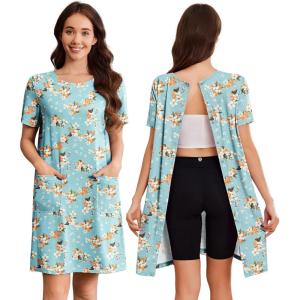 Deyeek Hospital Gowns for Women Open Back Tear Away Snap Nursing Dress Short Sleeve Soft Adaptive Clothing With Pockets(Green Print)
