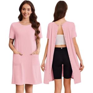 Deyeek Hospital Gowns for Women Open Back Tear Away Snap Nursing Dress Short Sleeve Soft Adaptive Clothing With Pockets(Pink)