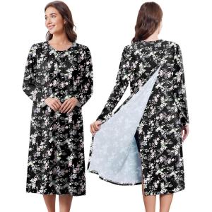 Deyeek Hospital Gowns for Women Post Shoulder Surgery Open Back Adaptive clothing lounge dress for Patients&Seniors Nightgown(Black Flower Print)