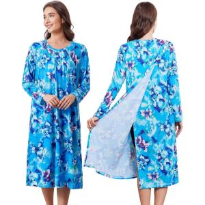 Deyeek Hospital Gowns for Women Post Shoulder Surgery Open Back Adaptive clothing lounge dress for Patients&Seniors Nightgown(Blue Print)