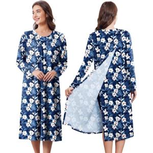 Deyeek Hospital Gowns for Women Post Shoulder Surgery Open Back Adaptive clothing lounge dress for Patients&Seniors Nightgown(Deep Blue Print)