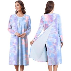 Deyeek Hospital Gowns for Women Post Shoulder Surgery Open Back Adaptive clothing lounge dress for Patients&Seniors Nightgown(Pink Tie-dye)