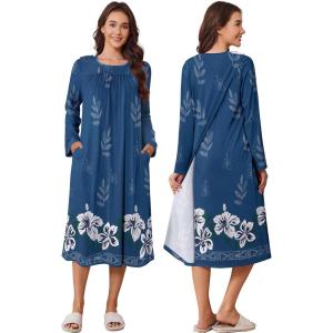 Deyeek Hospital Gowns for Women Tear Away Snap Open Back Dress Long Sleeve Post Surgery Adaptive Nightgown with Pockets(Dark Blue Print)