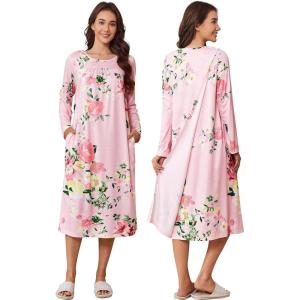 Deyeek Hospital Gowns for Women Tear Away Snap Open Back Dress Long Sleeve Post Surgery Adaptive Nightgown with Pockets(Pink Print)
