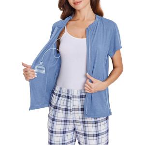 Deyeek Mastectomy Shirts with Drain Pockets Post Shoulder Surgery Tops for Women Chemo Port Short Sleeve with Zippers(Blue)