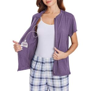 Deyeek Mastectomy Shirts with Drain Pockets Post Shoulder Surgery Tops for Women Chemo Port Short Sleeve with Zippers(Bright Purple)