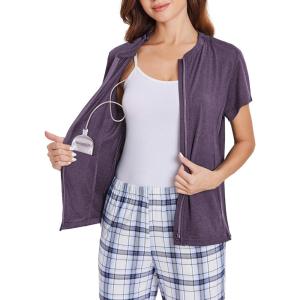 Deyeek Mastectomy Shirts with Drain Pockets Post Shoulder Surgery Tops for Women Chemo Port Short Sleeve with Zippers(Dark Purple)