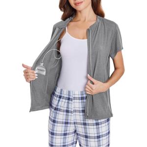 Deyeek Mastectomy Shirts with Drain Pockets Post Shoulder Surgery Tops for Women Chemo Port Short Sleeve with Zippers(Grey)