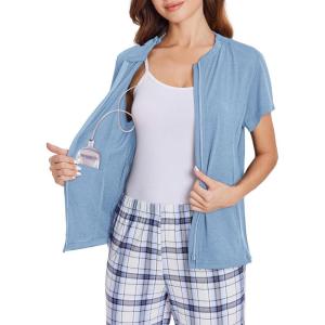 Deyeek Mastectomy Shirts with Drain Pockets Post Shoulder Surgery Tops for Women Chemo Port Short Sleeve with Zippers(Light Blue)