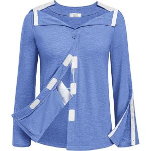 Deyeek Mastectomy Shirts with Drain Pockets Tear Away Side Snap Post Shoulder Surgery Shirts Women Chemo Port Dialysis Shirt(Blue)