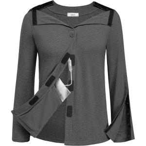 Deyeek Mastectomy Shirts with Drain Pockets Tear Away Side Snap Post Shoulder Surgery Shirts Women Chemo Port Dialysis Shirt(Dark Gray)
