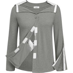 Deyeek Mastectomy Shirts with Drain Pockets Tear Away Side Snap Post Shoulder Surgery Shirts Women Chemo Port Dialysis Shirt(Light Gray)