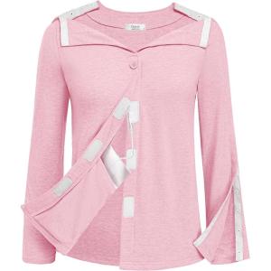 Deyeek Mastectomy Shirts with Drain Pockets Tear Away Side Snap Post Shoulder Surgery Shirts Women Chemo Port Dialysis Shirt(Pink)